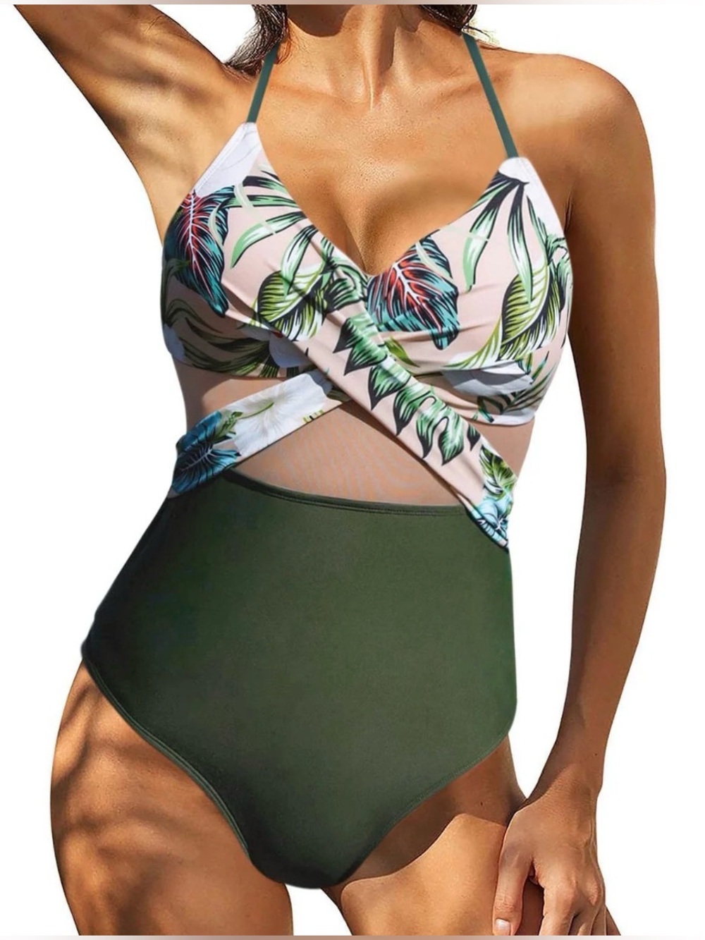 Floral Leaf Olive Green One-Piece Swimwear
